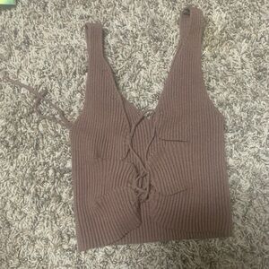 Brown Ribbed Knit Lace-Up Top